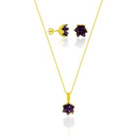 Aykat 423 Lotus Çiçeği Küpe ve Kolyesi Sarı Yaldızlı Ametist Taşlı Gümüş Bayan Set