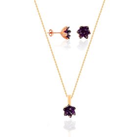 Aykat 423 Lotus Çiçeği Küpe ve Kolyesi Sarı Yaldızlı Ametist Taşlı Gümüş Bayan Set