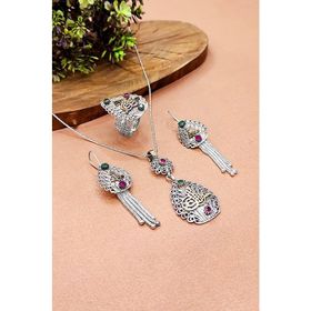 Aykat AKS-2099 Tuğralı Oksitli Telkari Gümüş Set 925 Ayar Otantik Kolye Küpe Ayarlanabilir Yüzük