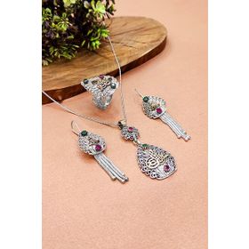 Aykat AKS-2099 Tuğralı Oksitli Telkari Gümüş Set 925 Ayar Otantik Kolye Küpe Ayarlanabilir Yüzük