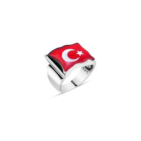 Aykat EYZ-67 Türkiye Bayraklı Ay Yıldızlı Gümüş Yüzük 925 Ayar Model Erkek