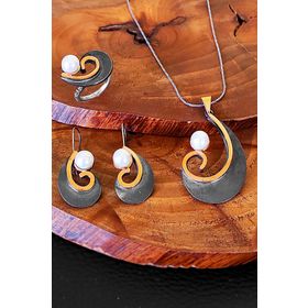 Aykat SET-247 İncili Otantik Oksitli Küpe Kolye Ucu Gümüş Yüzük