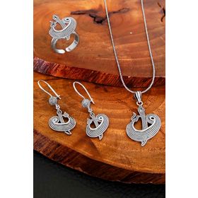 Aykat SET-252 Elif Vav Harfli Telkari Oksitli Yüzük Küpe Kolye Ucu Gümüş Takım