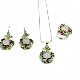 Aykat SET-254 Kuvars Zirkon Kök Yakut ve Zümrüt Taşlı Otantik Gümüş Set Yüzük Küpe Kolye