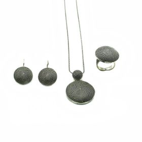 Aykat SET-255 Telkari Gümüş Set Yüzük Küpe Kolye Oksitli Kadın Gümüş Set