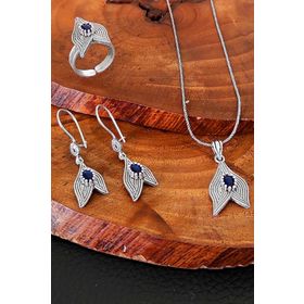 Aykat SET-256 Safir Taşlı Oksitli Telkari Yüzük Küpe Kolye Ucu Gümüş Set
