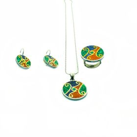 Aykat SET-259 Mozaik Taşlı Otantik Set Küpe Kolye Ucu Gümüş Yüzük