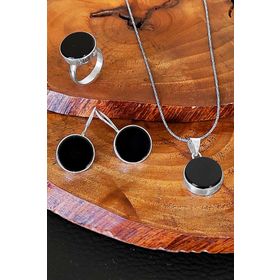 Aykat SET-274 Yuvarlak Siyah Oniks Taşlı Takım Küpe Kolye Ucu Gümüş Yüzük