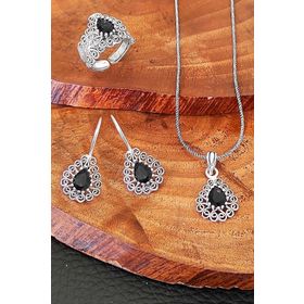 Aykat SET-280 Siyah Renk Oniks Taşlı Telkari Damla Modeli Set Küpe Kolye Gümüş Yüzük