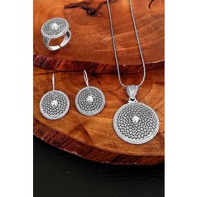 Aykat SET-283 Telkari Gümüş Set Oksitli Kadın Taşsız Takım Yüzük Küpe Kolye