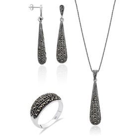 Aykat SET-300 Markazit Taşlı Üçlü Set Küpe Kolye Ucu Model Gümüş Yüzük