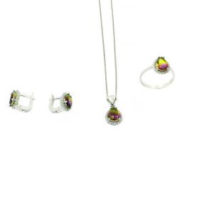 Aykat SET-302 Çift Renk Taşlı Klipsli Üçlü Set Küpe Kolye Ucu Gümüş Yüzük