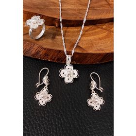 Aykat SET-314 Yonca Modeli El Yapımı Telkari Yüzük Küpe Kolye Ucu Gümüş Takım