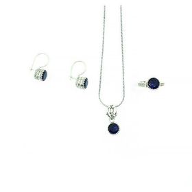 Aykat SET-321 Safir Taşlı Üçlü Set Yüzük Küpe Kolye Ucu Model Gümüş Set