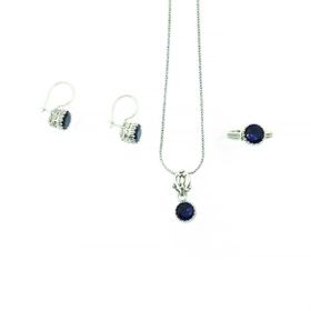 Aykat SET-321 Safir Taşlı Üçlü Set Yüzük Küpe Kolye Ucu Model Gümüş Set