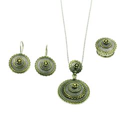 Aykat SET-325 Telkari Otantik Küpe Kolye Ucu ve Yüzük Modeli Kadın Gümüş Set