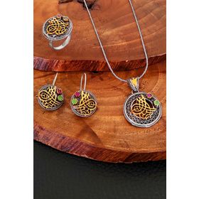 Aykat SET-326 Kök Yakut ve Zümrüt Taşlı Tuğralı Otantik Telkari Set Küpe Kolye Gümüş Yüzük