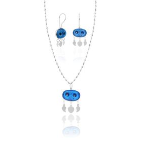 Aykat SET-429 İki Gözlü Nazarlık Kolye ve Küpe Gümüş Takımı