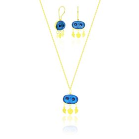 Aykat SET-430 Sarı Gold Renk Midyat Boncuk Nazarlık Küpe ve Kolye Ucu Gümüş Set