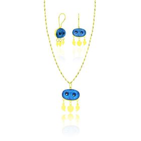 Aykat SET-433 Sarı Gold Rengi İki Gözlü Nazarlık Küpe ve Kolye Ucu Gümüş Set