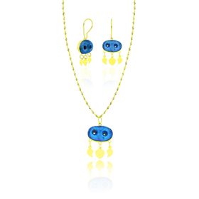 Aykat SET-433 Sarı Gold Rengi İki Gözlü Nazarlık Küpe ve Kolye Ucu Gümüş Set