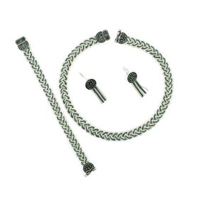 Aykat TKM-207 Kadın Midyat Hasırı Gümüş Takım Küpe Bileklik Kolye Set Oksitli Örgülü Takım