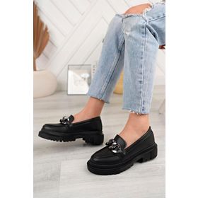 Aymood 23310 Zincirli Kalın Taban Siyah Kadın Loafer Makosen Ayakkabı