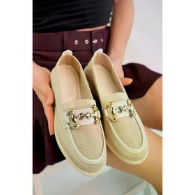 Aymood 23445 Krem Zincir Tokalı Kalın Taban Pu Deri Günlük Klasik Topuklu Nude Kadın Loafer Makosen Ayakkabı