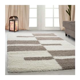 Ayyıldız Desenli Kareli Ve Çizgili Motif 3 cm Hav Yüksekliği Bej Ve Krem Renkli 80x250 cm Shaggy Halı