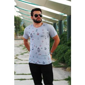 Azıcık Akıllı 20ETSHBCAP Gri Slim Fit Büyük Çapa Desenli Kısa Kollu Erkek T-shirt