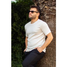 Azıcık Akıllı 23ETSHTARP Beyaz Krep Kumaş Rahat Salaş Esnek Bisiklet Yaka Erkek T-Shirt