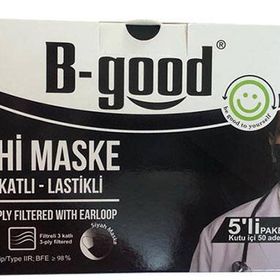 B-Good Siyah 3 Katlı 5'li Paket 50 Adet Filtreli Cerrahi Maske