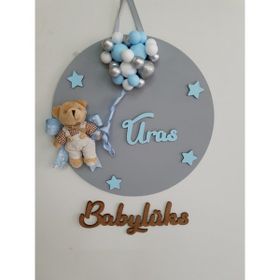 Baby Lüks 30 cm Gri Mavi Bubble Yuvarlak Bebek İsme Özel Kapı Süsü