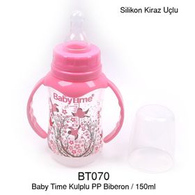 Baby Time Silikon Kiraz Uçlu Kulplu Pembe 150 ml Cam Biberon
