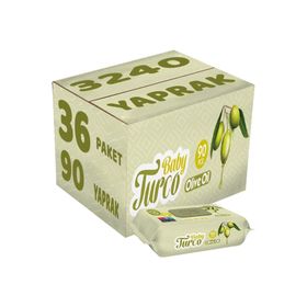 Baby Turco 36x90 Adet 3240 Yaprak Zeytinyağlı Plastik Kapaklı Islak Havlu Mendil