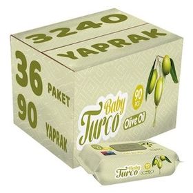 Baby Turco 36x90 Adet 3240 Yaprak Zeytinyağlı Plastik Kapaklı Islak Havlu Mendil