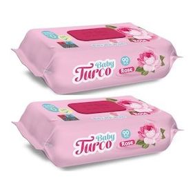 Baby Turco Islak Havlu Mendil 90 Yaprak Gül Kokulu 2 li Set 180 Yaprak Plastik Kapaklı