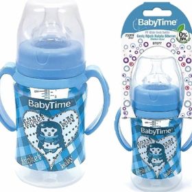 Babytime 250 ml Mavi Geniş Ağızlı Kulplu Silikon Uçlu Biberon