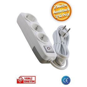 Badem10 3'lü Anahtarlı 2 mt Topraklı Seyyar Kablolu Piriz