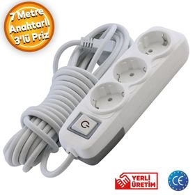 Badem10 3'lü Anahtarlı 7 mt Topraklı Seyyar Kablolu Piriz