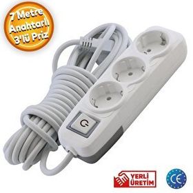 Badem10 3'lü Anahtarlı 7 mt Topraklı Seyyar Kablolu Piriz