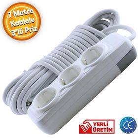 Badem10 3'lü Anahtarsız 7 mt Seyyar Kablolu Piriz
