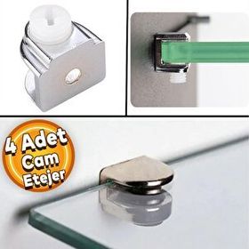 Badem10 4 Adet Raf Ahşap Cam Etejer Düz Metal Krom Plastik Vidalı Cam Tutucu