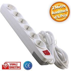Badem10 6'lı Altı Gözlü Anahtarlı 2 mt Topraklı Seyyar Kablolu Piriz