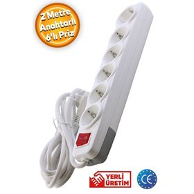 Badem10 6'lı Altı Gözlü Anahtarlı 2 mt Topraklı Seyyar Kablolu Piriz