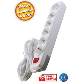 Badem10 6'lı Anahtarlı 3 mt Topraklı Seyyar Kablolu Piriz