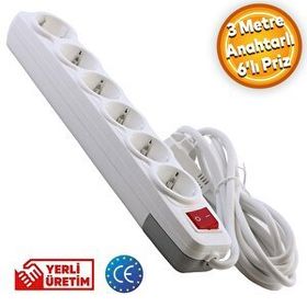 Badem10 6'lı Anahtarlı 3 mt Topraklı Seyyar Kablolu Piriz