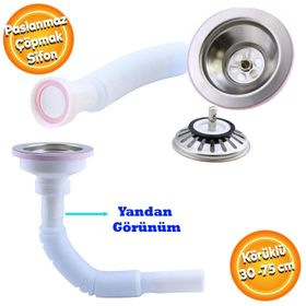 Badem10 Akordiyon Plastik Geniş Kafa Paslanmaz 30 -75 cm Lüks Çöpmak Körüklü Evye Lavabo Sifonu Gider Borusu