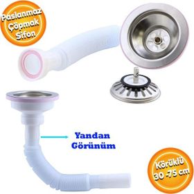 Badem10 Akordiyon Plastik Geniş Kafa Paslanmaz 30 -75 cm Lüks Çöpmak Körüklü Evye Lavabo Sifonu Gider Borusu