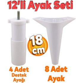 Badem10 Aspen Mobilya Ayağı 12'li Set Robot Süpürge Için Koltuk Kanepe Destek 18 cm Beyaz Baza Ayak